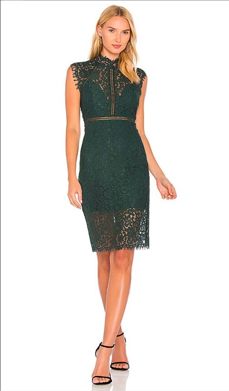 Bardot Lace Mock Neck Sleeveless Sheath Forest Green Knee Length Dress Large